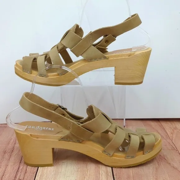 SANDGRENS *NEW* Slingback Fisherman Sandal Wooden Clogs Tan Leather Buck…