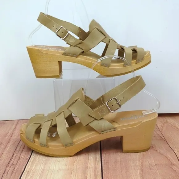 SANDGRENS *NEW* Slingback Fisherman Sandal Wooden Clogs Tan Leather Buck…