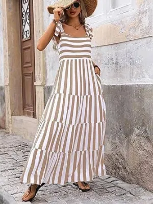 Striped and Floral Sleeveless Maxi Dress