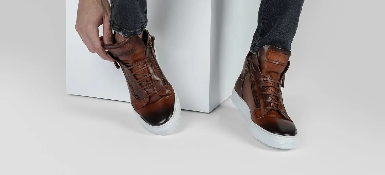 Tan Leather High Top Lace Up Sneakers With Two Side Zip And White Sole - Sneaker Shoes