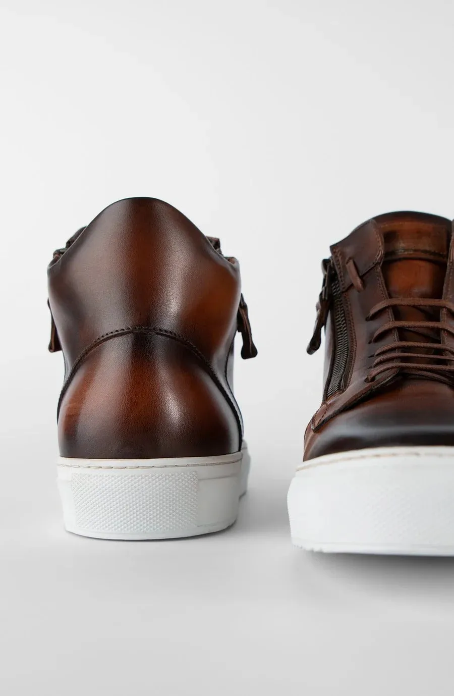 Tan Leather High Top Lace Up Sneakers With Two Side Zip And White Sole - Sneaker Shoes