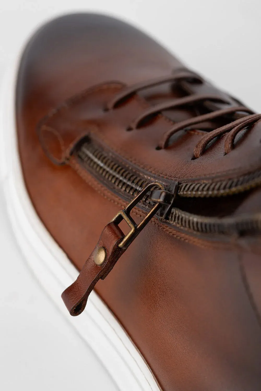 Tan Leather High Top Lace Up Sneakers With Two Side Zip And White Sole - Sneaker Shoes