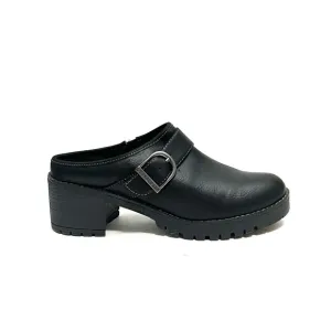 Vintage 1990s black leather chunky platform slip on heeled clogs