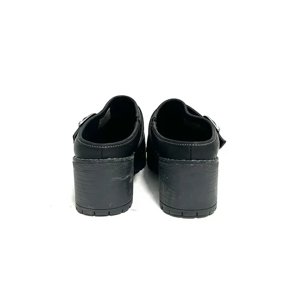 Vintage 1990s black leather chunky platform slip on heeled clogs