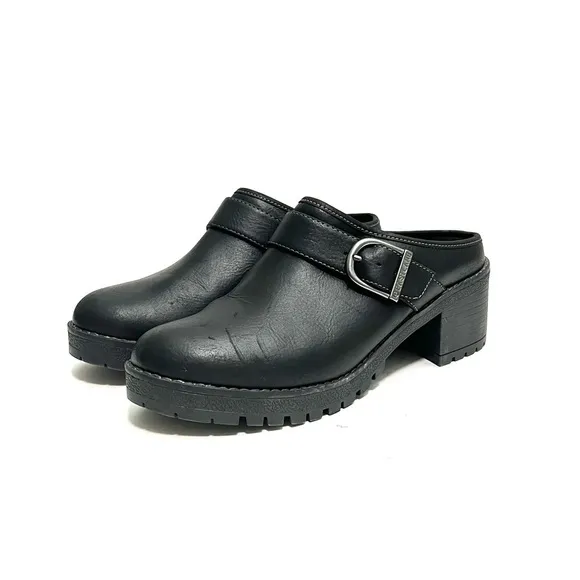 Vintage 1990s black leather chunky platform slip on heeled clogs