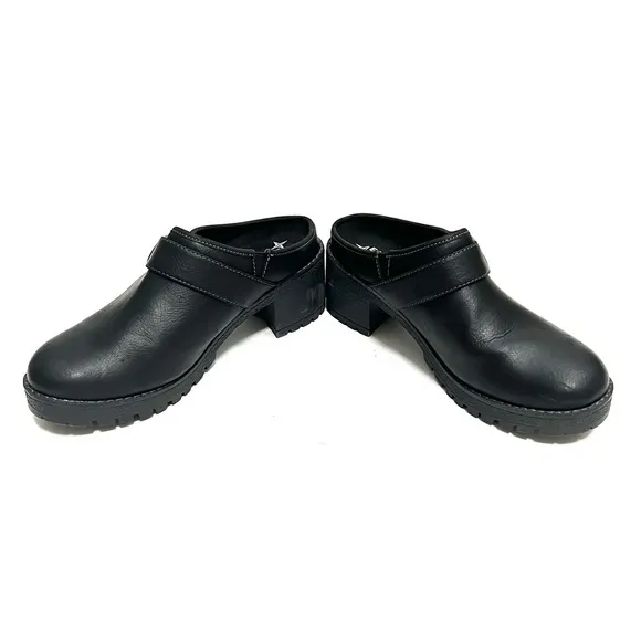 Vintage 1990s black leather chunky platform slip on heeled clogs