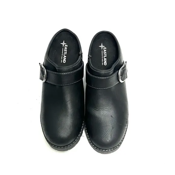 Vintage 1990s black leather chunky platform slip on heeled clogs
