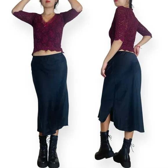 Vtg Nordstrom Intimates 100% Silk Black Midi Skirt Fits XS-S