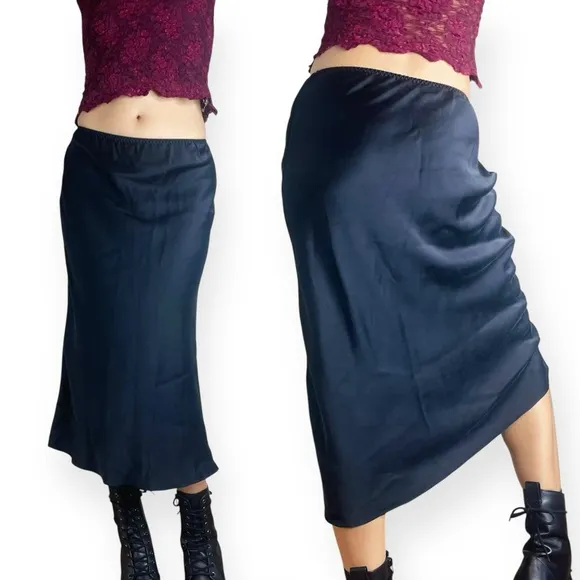 Vtg Nordstrom Intimates 100% Silk Black Midi Skirt Fits XS-S