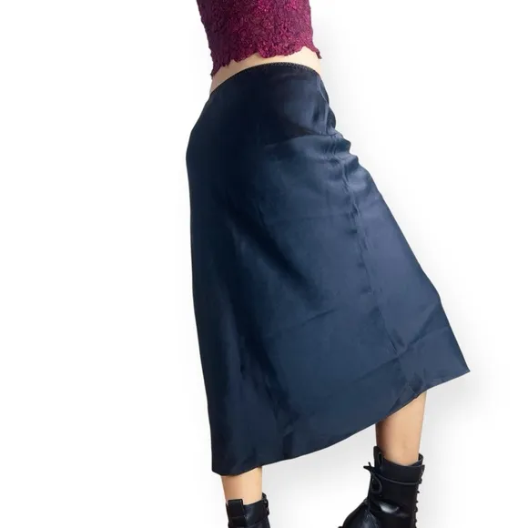 Vtg Nordstrom Intimates 100% Silk Black Midi Skirt Fits XS-S