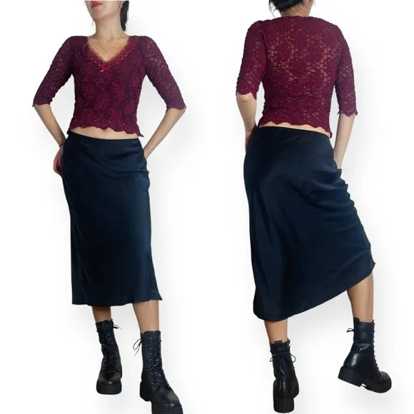 Vtg Nordstrom Intimates 100% Silk Black Midi Skirt Fits XS-S