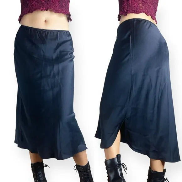 Vtg Nordstrom Intimates 100% Silk Black Midi Skirt Fits XS-S