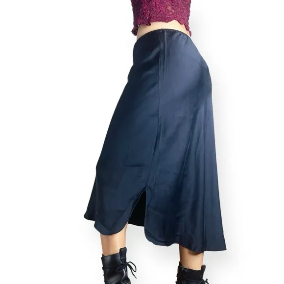 Vtg Nordstrom Intimates 100% Silk Black Midi Skirt Fits XS-S