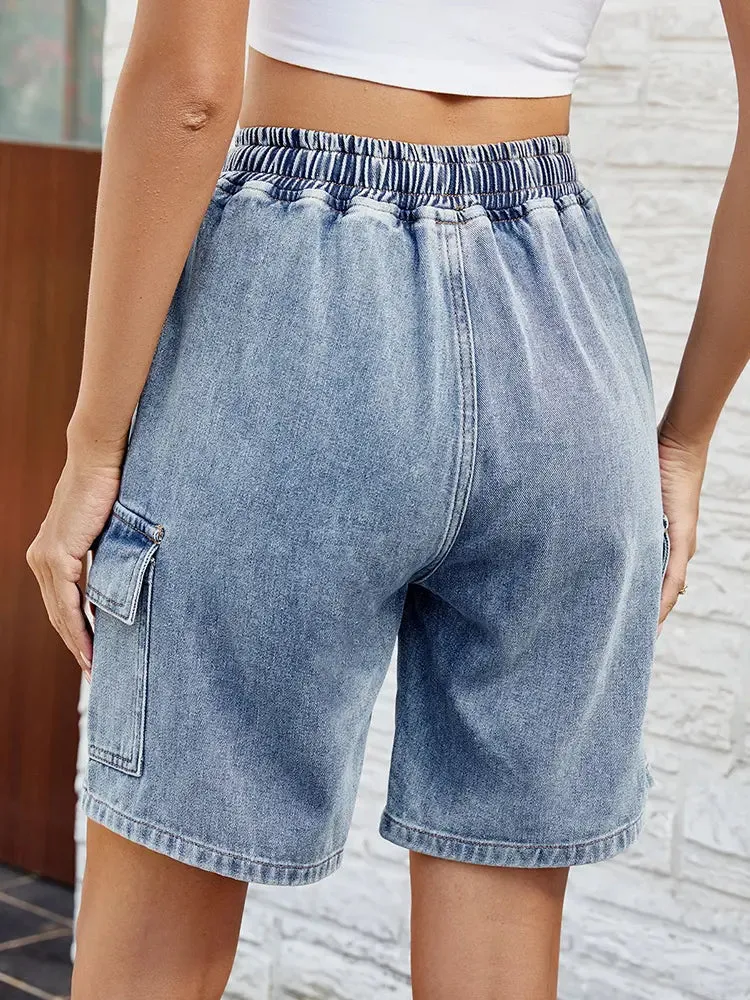 Washed Tie-Waist Elastic Denim Shorts
