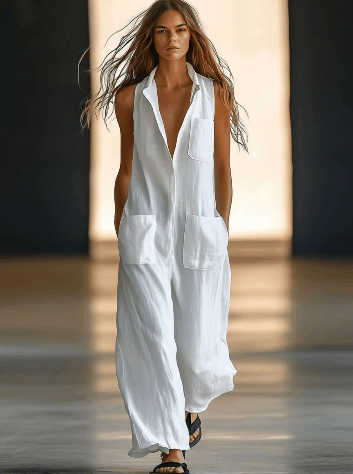White Breathable Linen Sleeveless Wide Leg Pants Jumpsuit