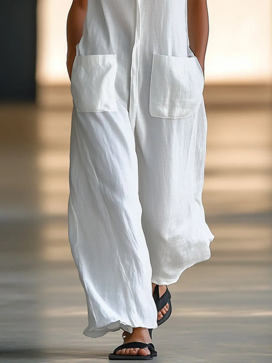 White Breathable Linen Sleeveless Wide Leg Pants Jumpsuit