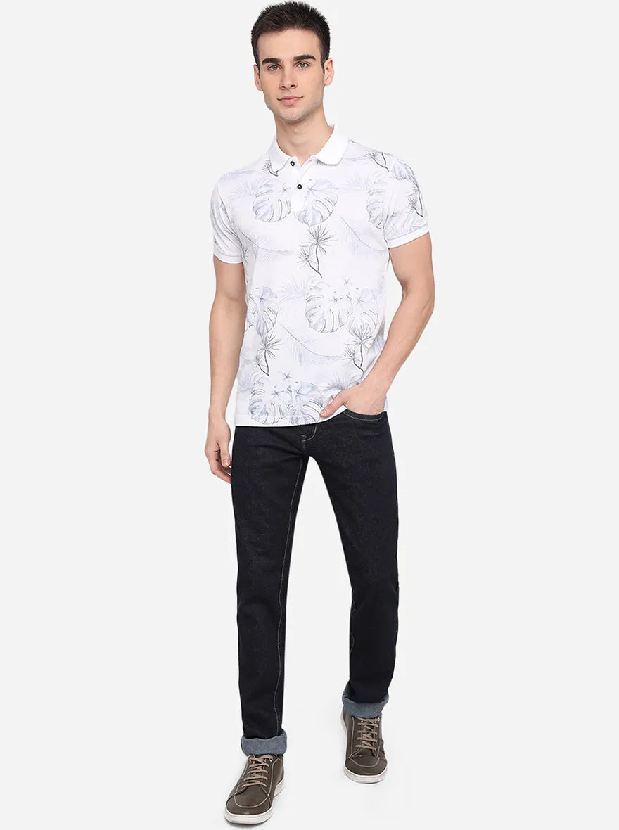 White Printed Slim Fit Polo T-Shirt | Greenfibre