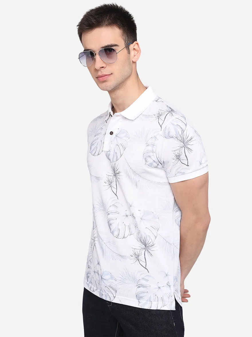 White Printed Slim Fit Polo T-Shirt | Greenfibre