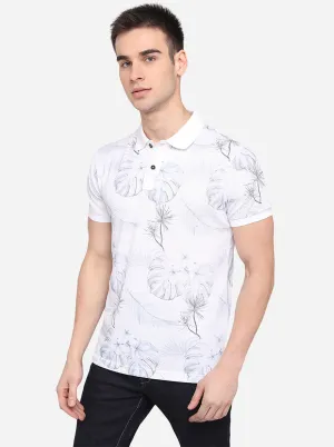 White Printed Slim Fit Polo T-Shirt | Greenfibre