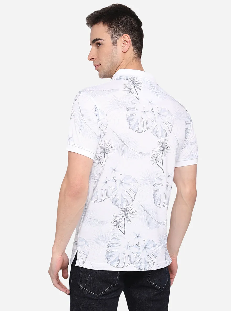 White Printed Slim Fit Polo T-Shirt | Greenfibre