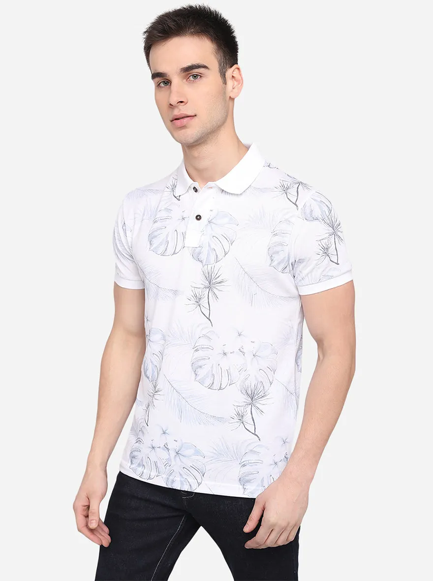 White Printed Slim Fit Polo T-Shirt | Greenfibre