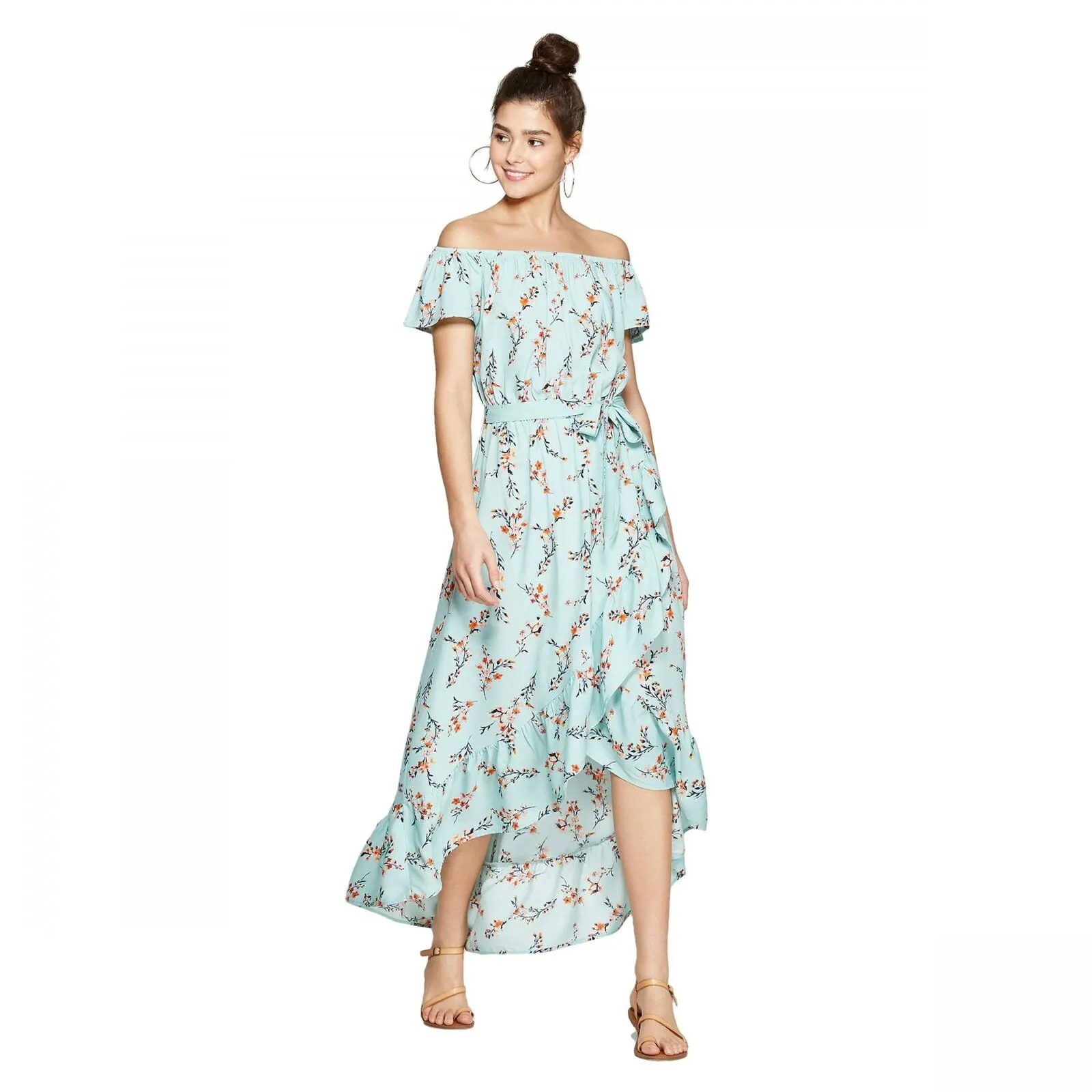 Xhilaration Women's Floral Off the Shoulder High Low Hem Maxi Dress