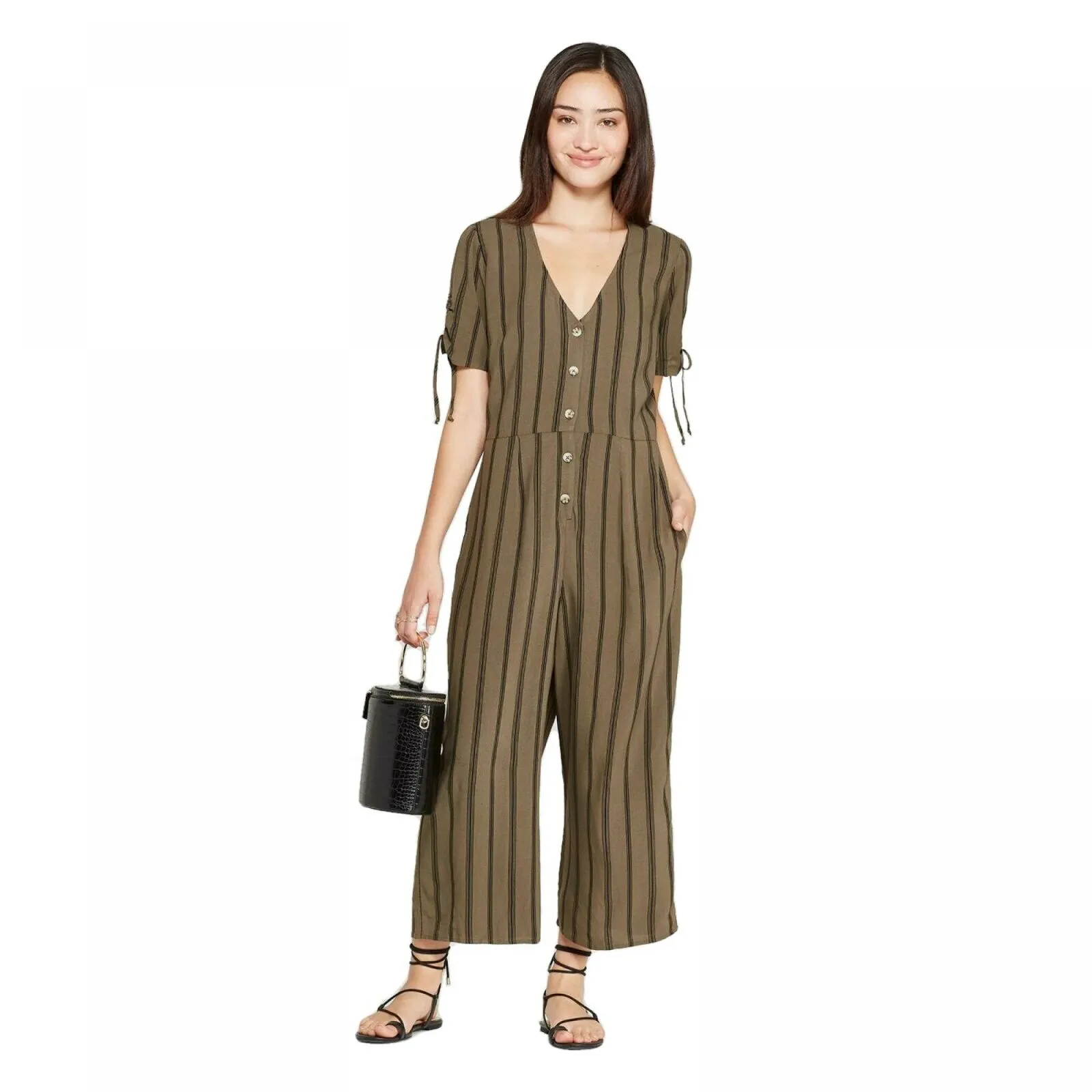Xhilaration Women's Short Sleeve V-Neck Button Front Cropped Jumpsuit